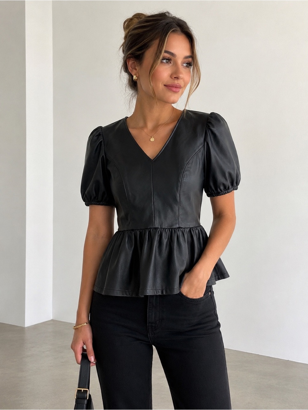 Kit + Sky Black Faux Vegan Leather Peplum Top Size M Puff Sleeve V-Neck Blouse
